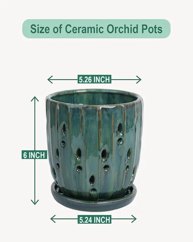 vensovo 6 Inch Ceramic Orchid Pot - Orchid Pot with Holes for Repotting, Ceramic Planter with Saucer for Indoor/Outdoor Plants, Green by GreenHaven Gardens