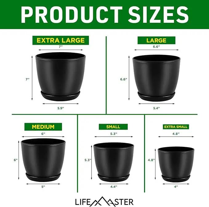 Plant Pots with Multi Drainage Holes - 5 Pieces Versatile, Sturdy Plastic, Stackable Design Home Decor Flower Pots for Indoor and Outdoor Gardening - Black by GreenHaven Gardens