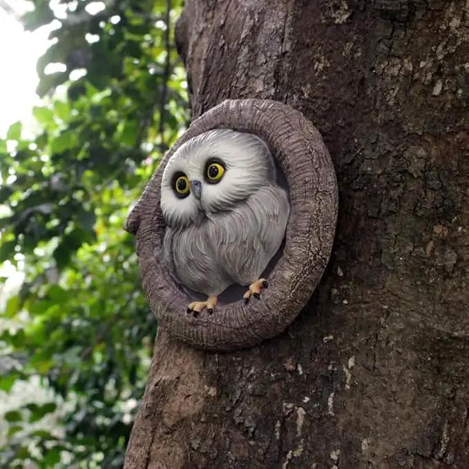 Baby Owl Resin Tree Face, Owlet Tree Hugger, Outdoor Sculpture for Tree Decorations, Whimsical Owl Garden Ornament, Tree Statue Peeker, Patio Yard Lawn Porch Decor, Durable & Waterproof Garden Present by GreenHaven Gardens