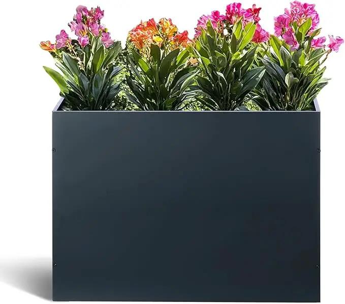 BAYN Metal Rectangular Planter Box Tall Planters for Outdoor Plants Modern Heavy Duty with Drainage Holes for Outside Indoor Patio Deck - Grey, 32”x 12”x 24” by GreenHaven Gardens