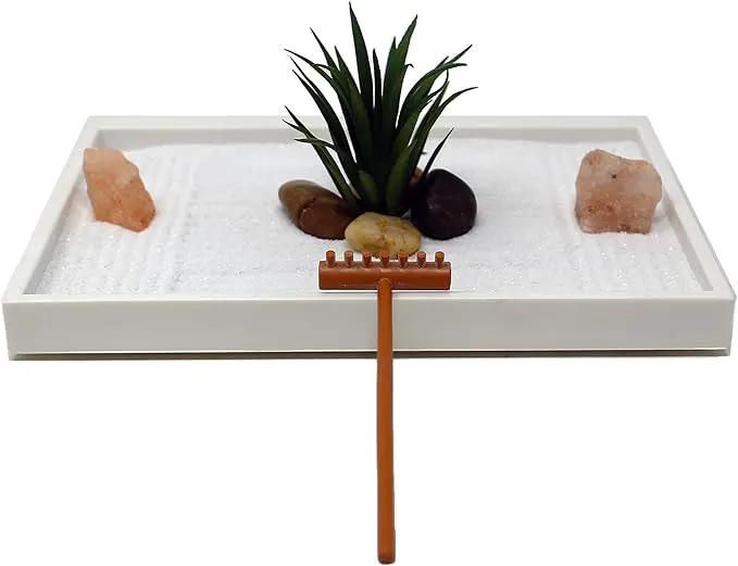 Nature's Mark Mini Zen Garden Kit for Desk with White Sand, Rake, White Base, Salt Rock and Air Plant (Rectangle) by GreenHaven Gardens