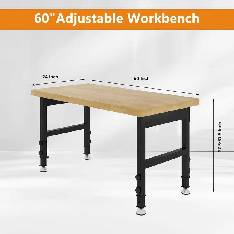 60" Work Bench, Adjustable Height Workbench, Heavy-Duty Thicker Work Table, 2000 LBS Load Capacity Workstation for Garage, Workshop, Office, Home by GreenHaven Gardens