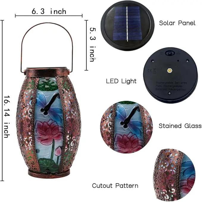 2PCS Dragonfly Solar Lanterns Glass & Metal Hanging Light Outdoor Waterproof 16" H Tabletop Lamp with Hollowed-Out Design with Shepherd's Hooks for Garden Patio Table Decor by GreenHaven Gardens