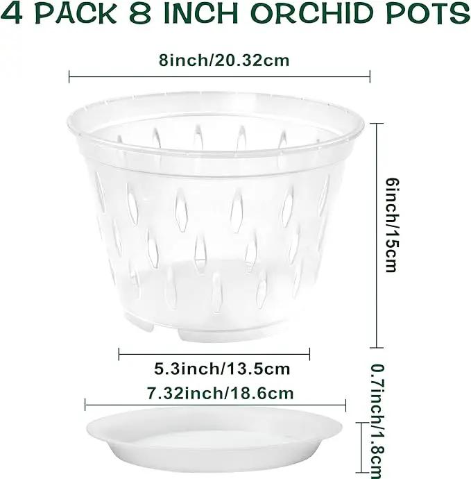 Orchid Pot, 8 Inch 4 Pack Orchid Pots with Holes and Saucers, Clear Plastic Orchid Pots by GreenHaven Gardens