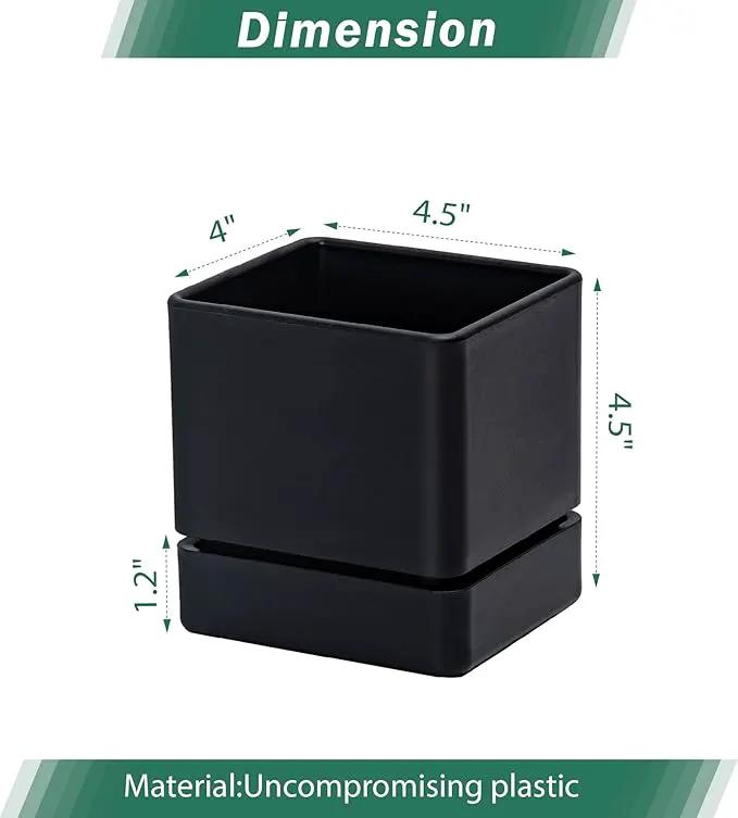 4 Inch Herb Planter Pot, Plastic Planter with Drainage Holes and Saucer, Modern Decorative Gardening Pot for Indoor Plants, Flowers, Herbs, Succulents, Black, Set of 1, 76-Y-B-1 by GreenHaven Gardens