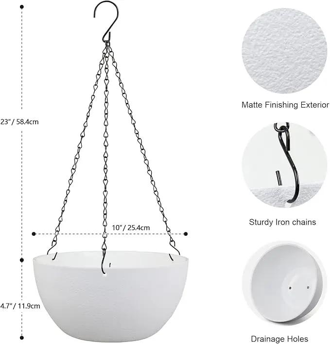 10 inch Hanging Planters for Indoor Outdoor Plants, 2 Pack Hanging Flower Pots with Drainage Holes and Chain for Garden Balcony Porch, Round Plastic Hanging Baskets for House Plants, White by GreenHaven Gardens
