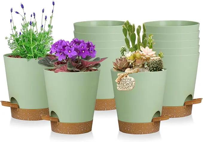 12 Pack 4 Inch Self Watering Plant Pots with Drainage and Saucers，Plastic Flower Pots for Indoor and Outdoor Plants, Nursery Planters for Houseplants and Herbs Green Brown, 4 inch 12pcs by GreenHaven Gardens