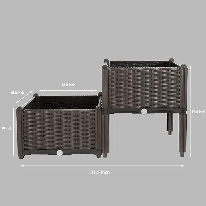 Barton 2 Pieces Raised Garden Bed Brown Plastic w/Self-Watering Design Outdoor Elevated Planter Box Kit Wheels Mobile by GreenHaven Gardens