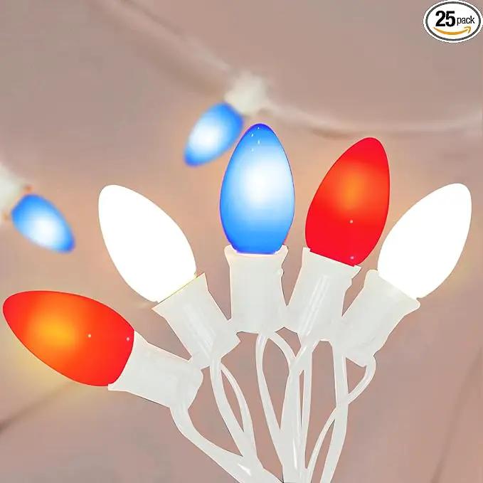 4th of July Decorations Lights, 25Ft C7 Outdoor Red White and Blue String Lights with 27 Shatterproof LED Bulbs, Hanging Patriotic Decorations Light for Indoor Independence Day Patio Garden Backyard by GreenHaven Gardens