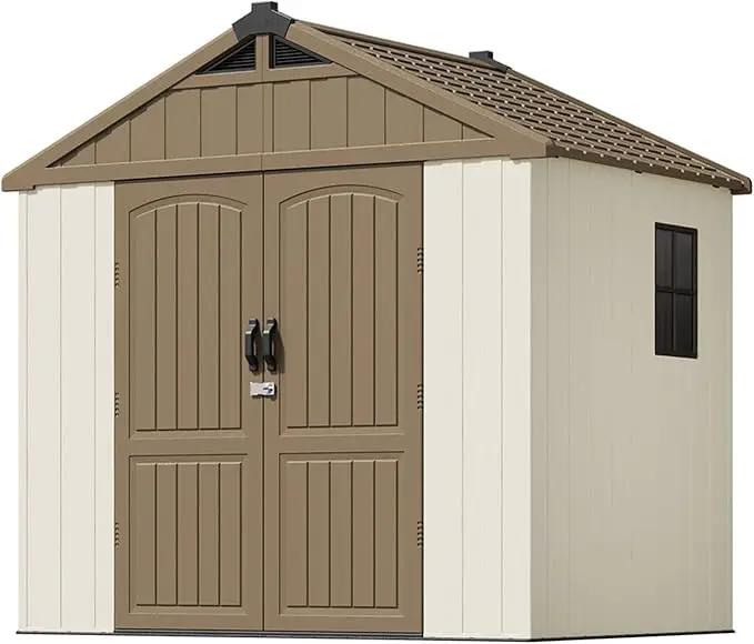 Patiowell 8 x 6 FT Plastic Outdoor Storage Shed with Floor, Resin Shed with Window and Lockable Door for Garden, Backyard, Tool Storage Use, Easy to Install in Brown (Kick-it Shed) by GreenHaven Gardens