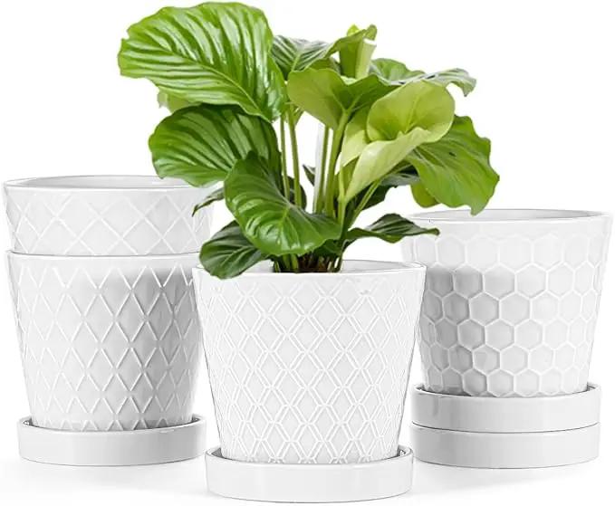 EFISPSS Flower Planter –5 inch Ceramic Plant Pots with Drainage Holes and Ceramic Tray - Gardening Home Desktop Office Windowsill Decoration Gift Set of 4 - Plants NOT Included (White) by GreenHaven Gardens