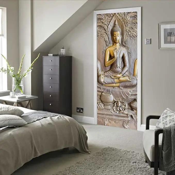 3D Door Stickers - Buddha Statue - Peel & Stick - Waterproof & Washable - Matt Finish - 31.5" x 78.7" - 2 Pieces by GreenHaven Gardens