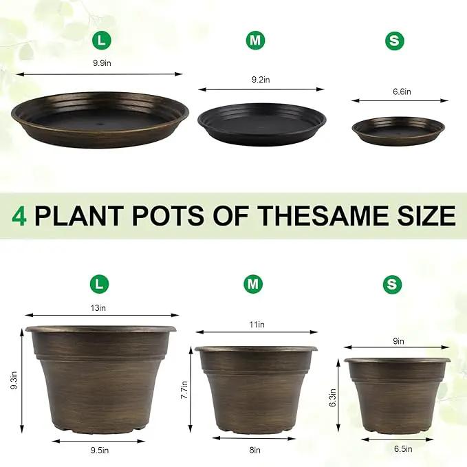 Plant Planters Pots Set of 4 Pack 11 Inch, Plastic Flower Pot for Indoor Plants with Drainage Holes & Trays, Resin Decorative Container Sets with Saucer for House Outdoor Garden Planters Dark Gold by GreenHaven Gardens