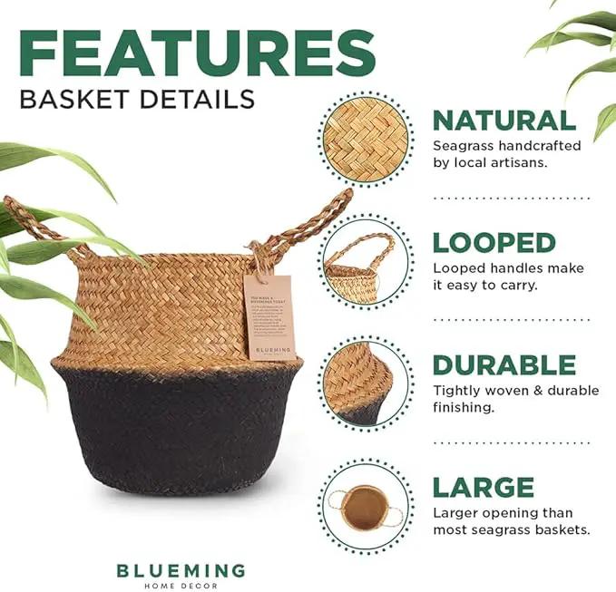 Plant Basket – Small Seagrass Planter Pot for Olive Trees, Woven Wicker Planter 8-9 Inches for Indoor Tall Artificial Plants (Black Bottom, Medium) by GreenHaven Gardens