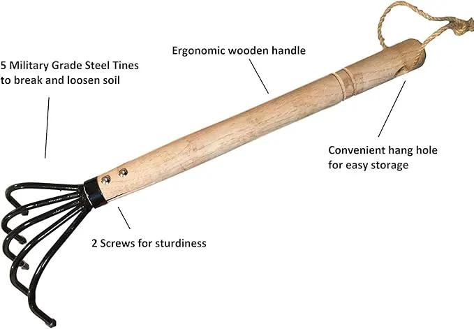 Garden Guru Hand Rake Cultivator Claw Soil Tiller - Military Grade Steel - Rust Resistant - 5 Tine Japanese Ninja Claw - Comfortable Wood Handle - Perfect Pulverized and Aerated Soil (4 Pack) by GreenHaven Gardens