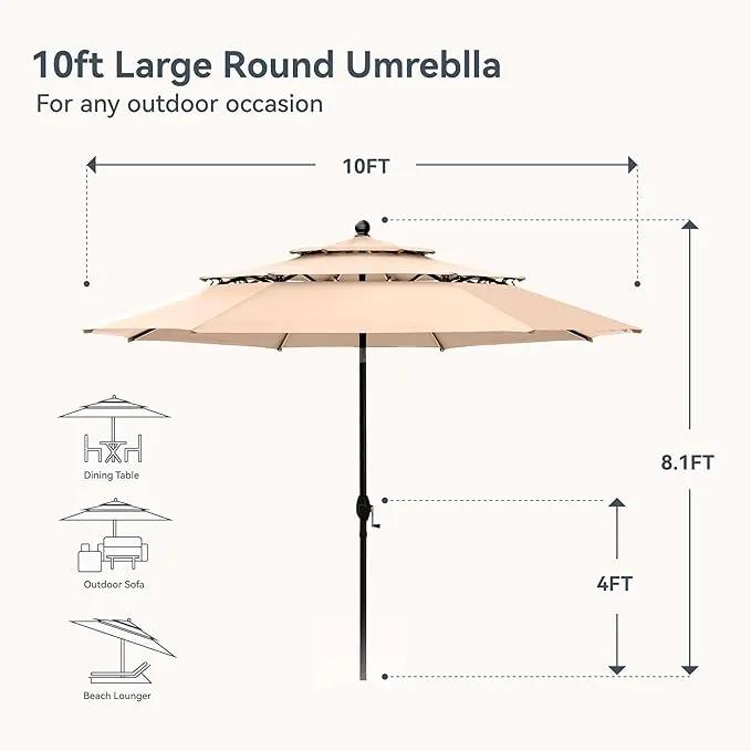 PHI VILLA 10ft Patio Umbrellas, Outdoor 3 Tier Vented Large Market Table Umbrella with 8 Sturdy Ribs and 1.5" Umbrellla Pole for Lawn Poolside Garden Terrace, Beige(No Base) by GreenHaven Gardens