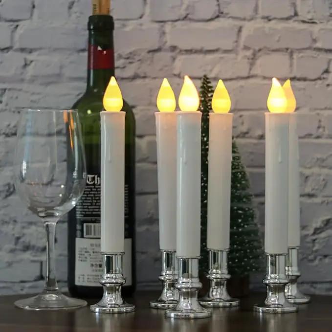 DRomance 9" Flameless Window Taper Candles Battery Operated with 8-Key Remote and Timer, 8 Pack White Christmas Holdiay Window Candles with Silver Holders, Suction Cups and AA Batteries Included by GreenHaven Gardens