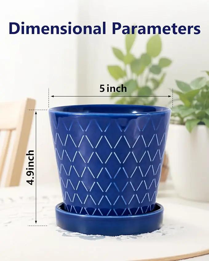 EFISPSS Ceramic Plant Pots, 5Inch Pots for Indoor Plants, Planters with Drainage Holes and Ceramic Tray,Plant Lover Gift, Desktop Office Windowsill Decoration Gift Set of 4 - Blue by GreenHaven Gardens