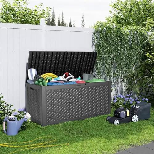 100 Gallon Waterproof Outdoor Storage Box,Resin Deck Box,Lockable Outside Storage Box Container for Patio Furniure,Garden,Pool Tools (100 Gallon,Black pattern) by GreenHaven Gardens