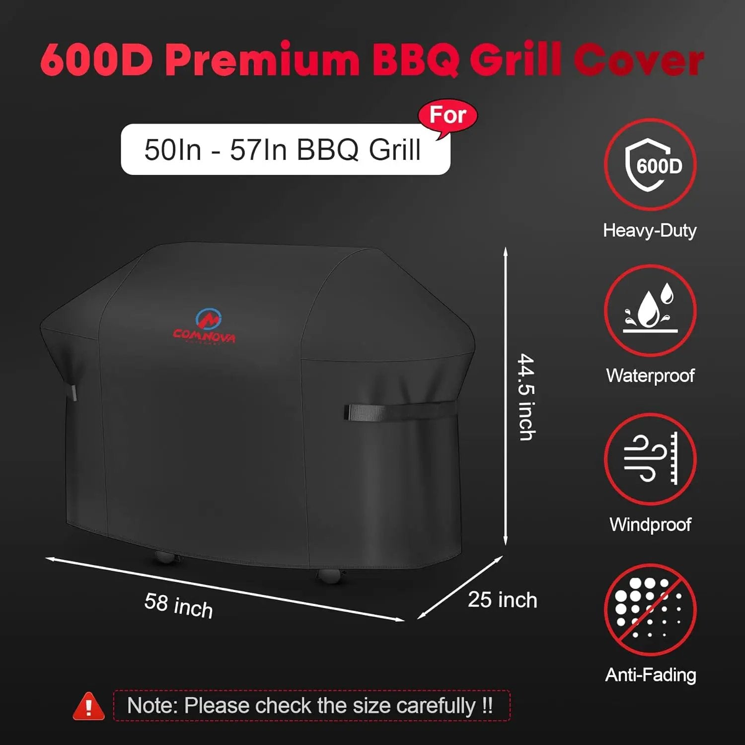 Comnova Grill Cover 58 Inch - 600D BBQ Gas Grill Cover Waterproof Heavy Duty, Premium Barbecue Covers for Weber Genesis 300 Series Grill, Char-Broil, Monument, Brinkmann, Dyna-glo, Nexgrill and More by GreenHaven Gardens