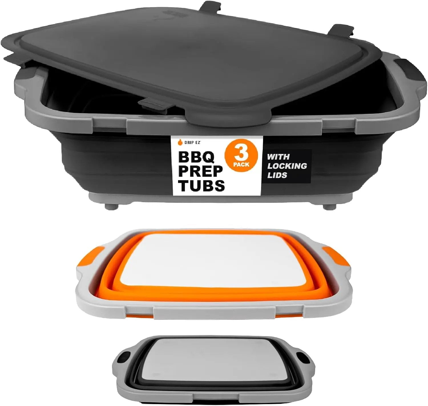 Drip EZ Collapsible BBQ Prep Tubs 3-Piece Set- For Meal Prep Marinating Food Storage - Includes Cutting Board & Lid - (1) JR - Black + (1) OG - Orange + (1) XL - Black by GreenHaven Gardens