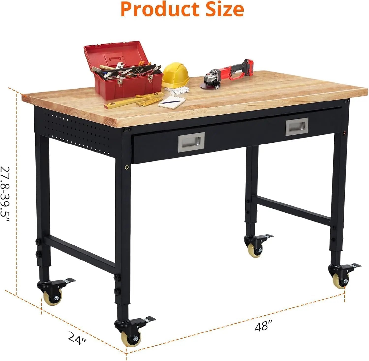 48x24 Inch Garage Workbench with Wheels, Adjustable Rubber Wood Top Garage Workbench with Power Outlet, 2000 Lbs Load Capacity for Workshop, Woodworking, Office by GreenHaven Gardens