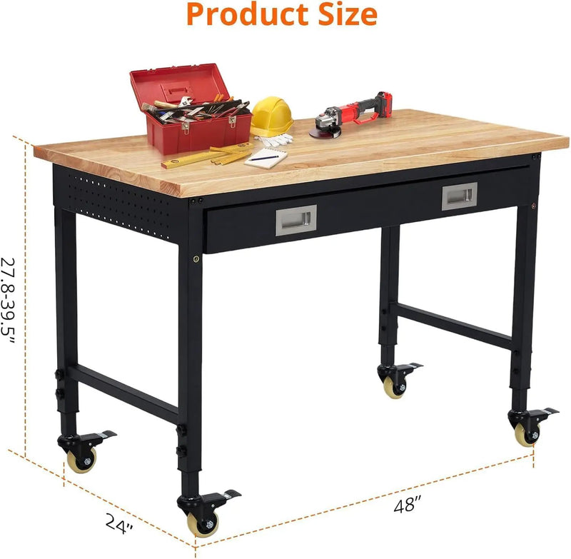 48x24 Inch Garage Workbench with Wheels, Adjustable Rubber Wood Top Garage Workbench with Power Outlet, 2000 Lbs Load Capacity for Workshop, Woodworking, Office by GreenHaven Gardens