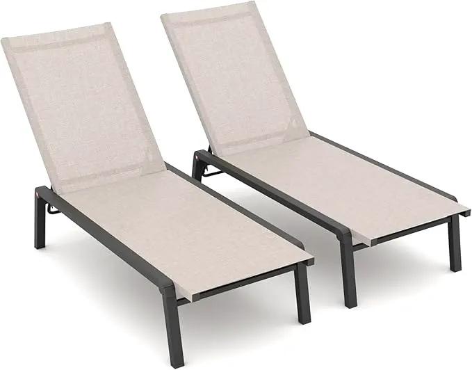 Patio Chaise Lounge Set of 2 with 4 Adjustable Backrest, Foldable Aluminum Chaise Lounge Chair Recliner for Outdoor, Poolside, Sun Tanning Beige by GreenHaven Gardens