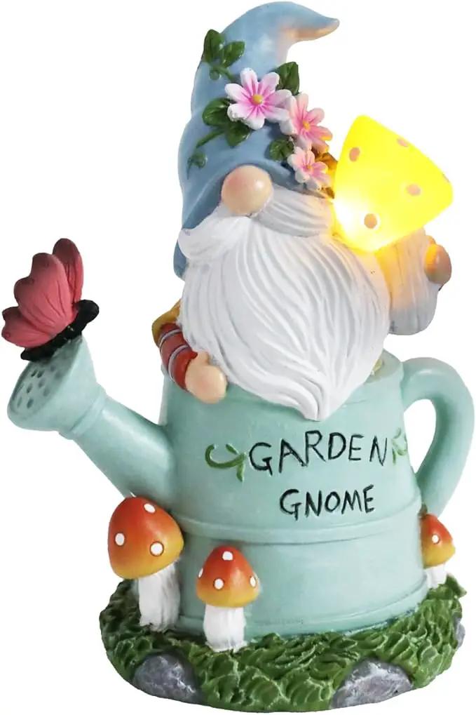 Garden Gnome Statue, Novelty Gnome Outdoor Figurine with Watering Can Shape and Flowers Butterfly Decor - Resin Gnome Sculpture with Mushroom Solar Lights for Porch Patio Yard Outdoor Decor by GreenHaven Gardens