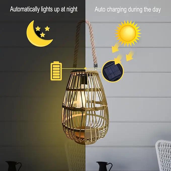 pearlstar Outdoor Solar Lanterns Light Rattan Natural Lantern with Handle for Hanging or Table Lamp for Patio Yard Garden Wedding Home Decoration, Edison Bulb, Auto on/Off(Style 1) by GreenHaven Gardens