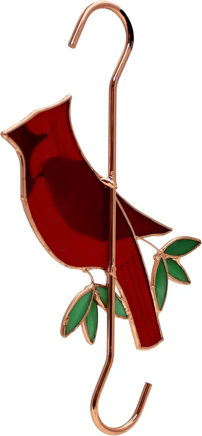 Stained Glass Hanging Plant Hook - Red Cardinal Sun Catcher with Copper S Hooks Top and Bottom for Indoor and Outdoor Use by GreenHaven Gardens