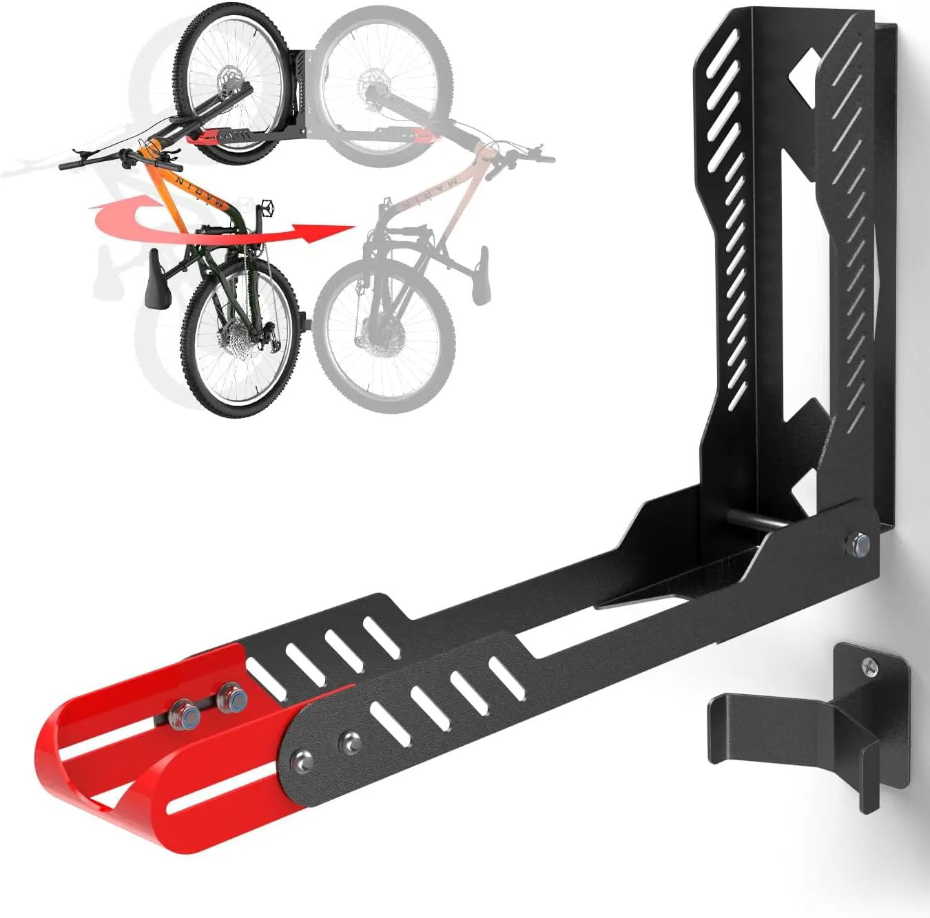 Swivel Bike Wall Mount, Space Saving Bike Rack Garage, No Heavy Lifting Required Bicycle Wall Mount, Vertical Wall Bike Hanger Can Holds up to 77 lbs, Red by GreenHaven Gardens