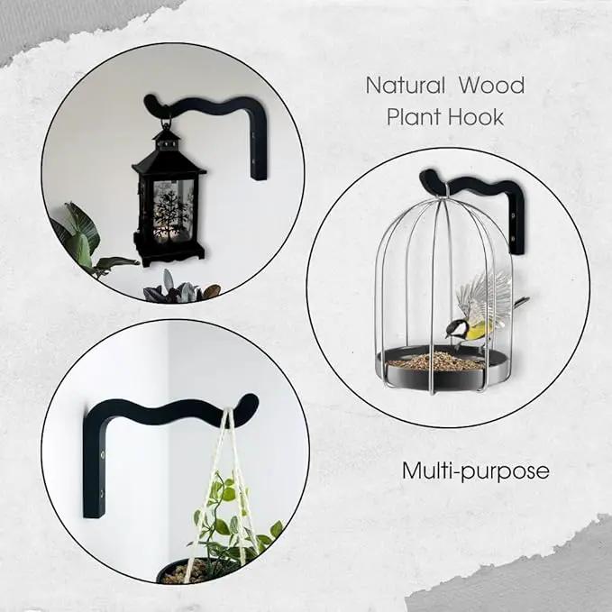 2-Piece Set of Wavy Wooden Wall Planters for Indoor Plants 6 Inch - Natural Plant Hook for Wall Plant, Wind Chimes, Flower Brackets, Patio Garden Decorations - Bracket Plant Hanger (Black) by GreenHaven Gardens