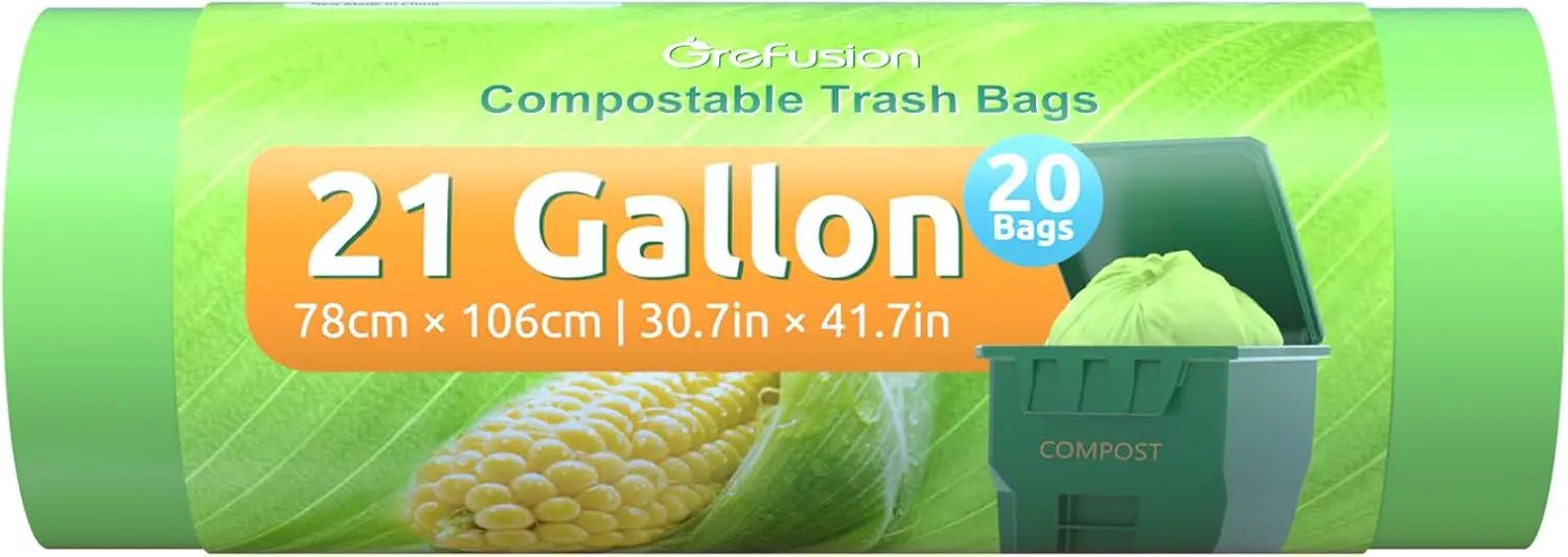 Compostable Trash Bags 21 gallon,20 Count,Extra Thick 1.28 Mills,Fits13-25 gallon trash can, Extra Strong and thick,Compostable Lawn & Leaf Yard Waste bags,ASTM D6400,Bpi Certified by GreenHaven Gardens