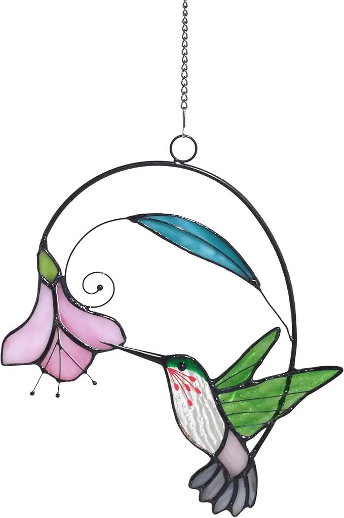 Lolitarcrafts Stained Glass Hummingbird Window Hangings with Flowers, Bird Stained Glass Suncatcher for Window Decor Hummingbird Gifts for Mom,Bird Lovers (Green with Flower A) by GreenHaven Gardens