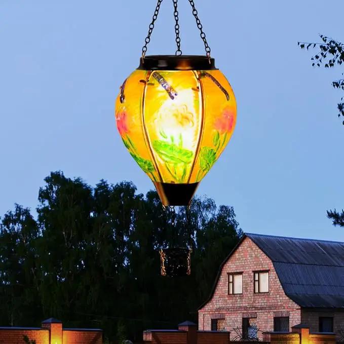 Starsoul Starsoul Dragonfly Hot Air Balloon Solar Lantern Glass Outdoor Hanging Hot Air Balloon Solar Flickering Flame Light Waterproof Garden Patio Yard Party Decorations by GreenHaven Gardens