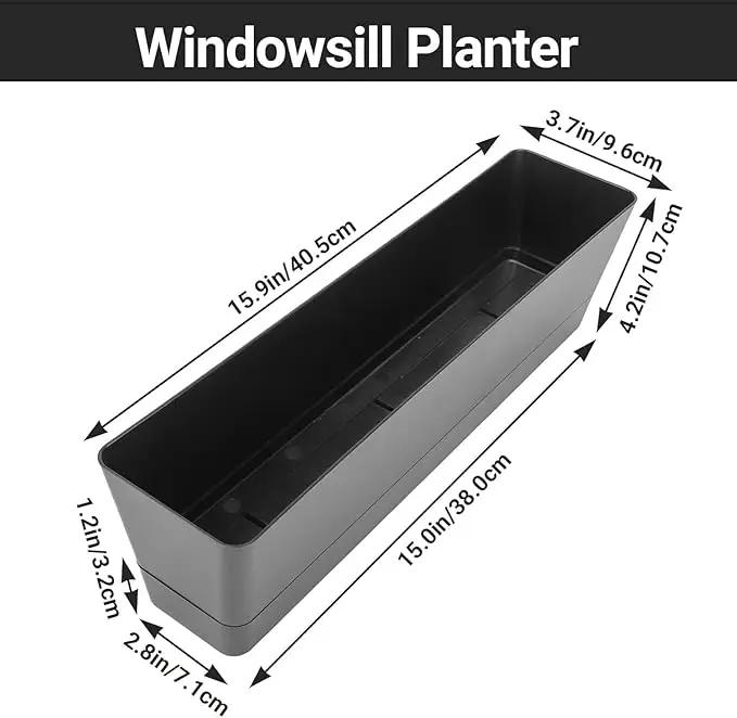 GREANER Herb Window Boxes 1PCS 16x3.8 Inch, Black Planter with Removable Trays and Drainage Holes, Succulent Flower Rectangular Plastic Pot for Balcony, Office, Windowsill, Garden, Indoor Outdoor Use by GreenHaven Gardens