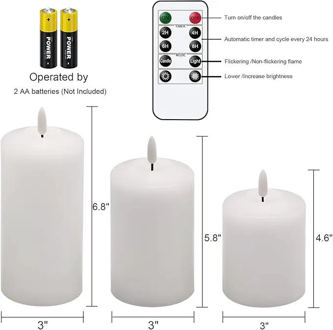 Battery Operated Flameless Candles with 3D Flickering Flame Wick, LED Pillar Candles with Remote Timer, Pack of 3 Real Wax Candles for Wedding Home Decor(White) by GreenHaven Gardens