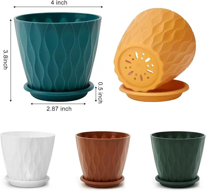 4 inch Plant Pots, 5 Pack Flower Pots Outdoor Indoor, Planters with Drainage Holes and Tray Saucers（（Multicolor） by GreenHaven Gardens