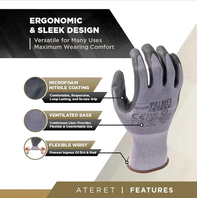 ATERET Work Gloves 12 Pairs Micro-Foam Nitrile Coated Safety Gloves, Seamless Knit Nylon Gloves Home Improvement General Use by GreenHaven Gardens