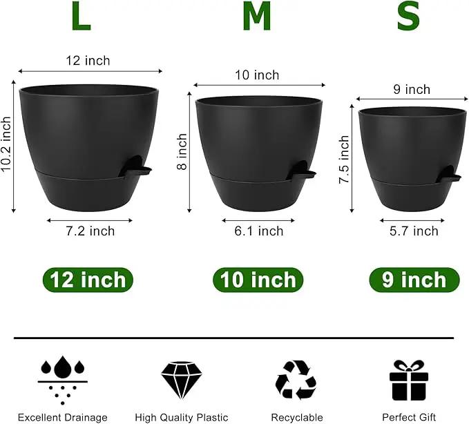 Plant Pots 12/10/9 Inch Self Watering Pots, Set of 3 Plastic Planters with Drainage Holes and Saucers,Plastic Flower Pots,Nursery Planting Pot for Indoor Out Door Plants(Pure Black) by GreenHaven Gardens