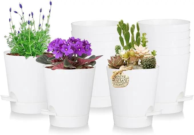12 Pack 4 Inch Self Watering Plant Pots with Drainage and Saucers，Plastic Flower Pots for Indoor and Outdoor Plants, Nursery Planters for Houseplants and Herbs White, 4 inch 12pcs by GreenHaven Gardens