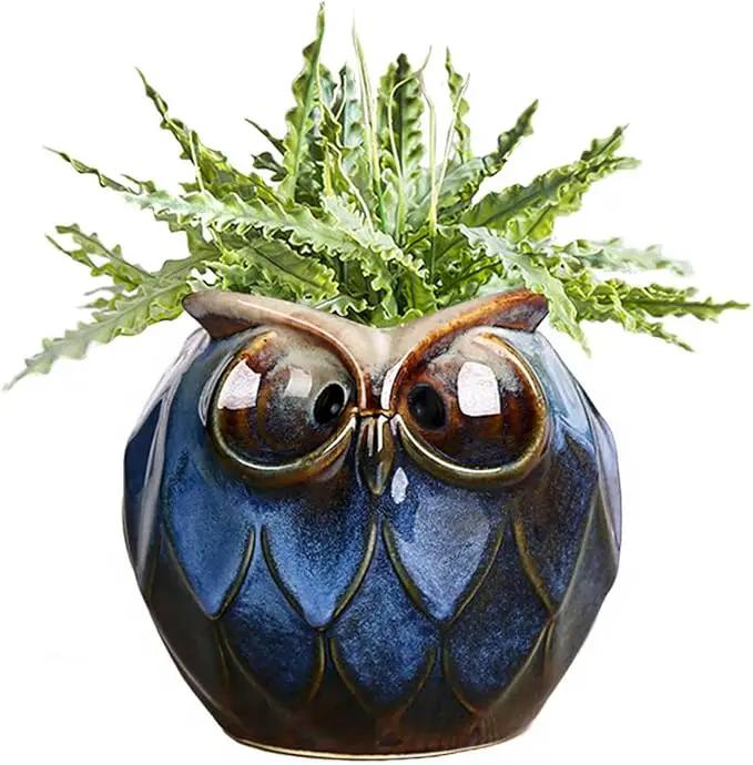 GeLive Blue Owl Ceramic Succulent Planter with Drainage Hole Animal Plant Pot Tabletop Decoration Vase Window Box Indoor Outdoor Decor (Blue) by GreenHaven Gardens