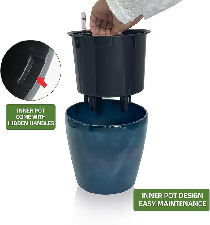Dexceder 11x10 Inches Self Watering Planter Indoor Outdoor, Inner Pot Design, Thickened Table Flower Plant Pot with Water Level Indicator (Grayish Green Gradient) by GreenHaven Gardens