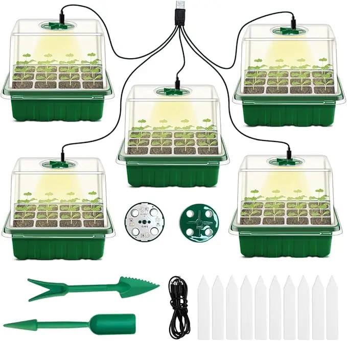 Seed Starter Tray with Grow Light, 5 Packs Plant Starter Tray Seedling Starter Kit with Humidity Domes Base Indoor Greenhouse Mini Propagator Station for Seeds Growing Starting (12 Cells per Tray) by GreenHaven Gardens