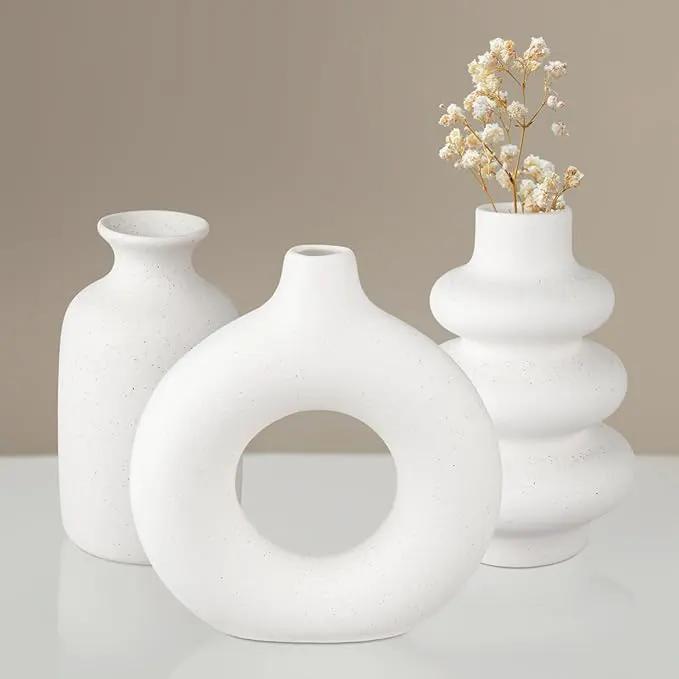Ceramic Vase Set of 3, Small Flower Vase for Home Decor, Decorative Vases for Pampas Grass & Dried Flowers, Living Room, Bedroom, Bathroom, Shelf Centerpiece Table Decorations by GreenHaven Gardens