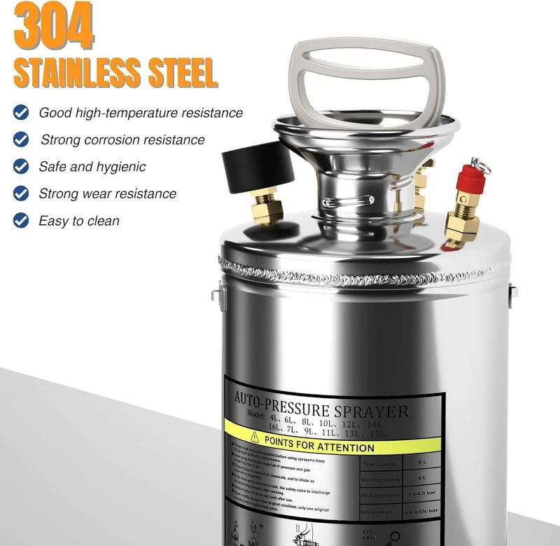 2 Gallon Garden Sprayer, 304 Stainless Steel Chemical Sprayer, Hand Pump Sprayer, with Pressure Gauge, Adjustable Nozzle, 20" Sprayer Wand, 3.3ft Hose & Safety Valve by GreenHaven Gardens