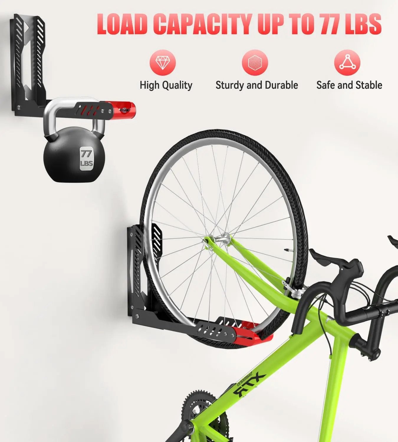 Swivel Bike Wall Mount, Space Saving Bike Rack Garage, No Heavy Lifting Required Bicycle Wall Mount, Vertical Wall Bike Hanger Can Holds up to 77 lbs, Red by GreenHaven Gardens