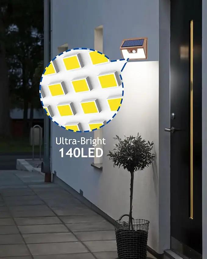 Peasur Solar Lights Outdoor Motion Sensor [6 Pack/140LED/Brown], Ultra-Bright 3 Mode Fence Security Light Waterproof, Solar Wall Lighting for Patio Yard Step House Outside by GreenHaven Gardens