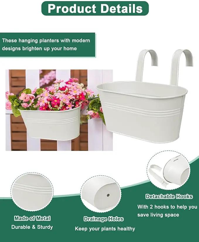 vensovo Metal Railing Planter for Outdoor Plants - 3 Pack Balcony Hanging Flower Pots with Detachable Hooks and Drain Holes Oval Bucket Rail Box Fence Planters for Home Garden Decor, White by GreenHaven Gardens